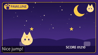 Sample GIF: a PAWLUNE gameplay clip with a purple frame, the logo and the caption “Nice jump!”