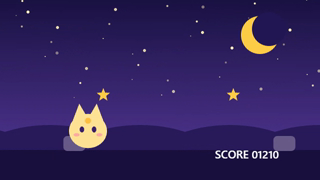 架空のゲームPAWLUNEのプレイ動画の1コマ。夜空の下を月のネコが走っている