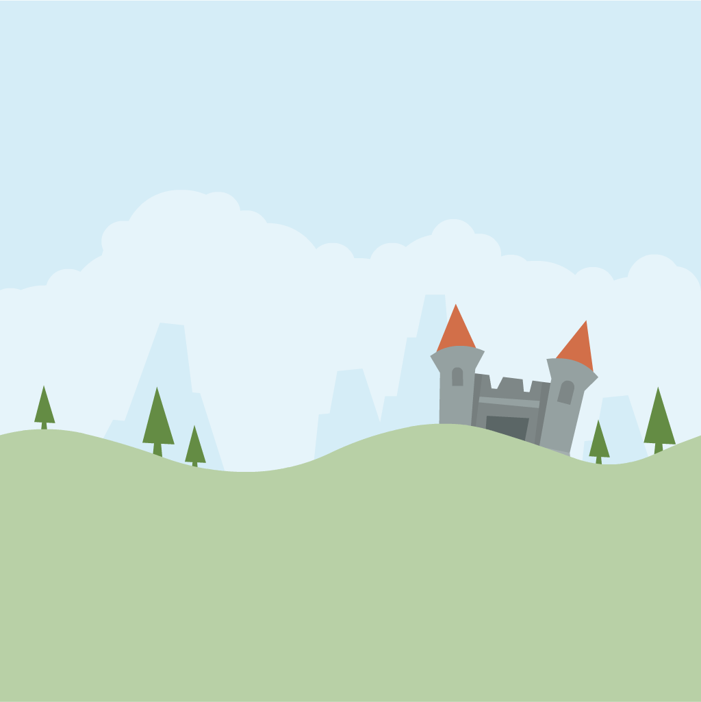 Game background with a blue sky, hills, trees and a castle