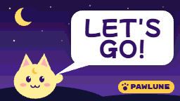架空のゲームPAWLUNEの月のネコのキャラクターが、吹き出しで「LET'S GO!」と話すGIFの見本